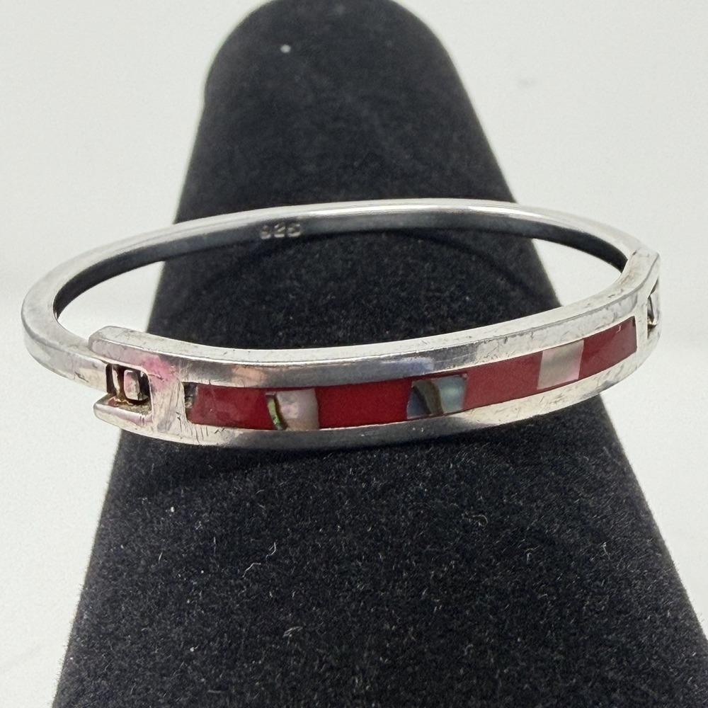 Vintage Mexico‎ 925 Sterling Silver Abalone Red Shell Inlay Hinged Cuff Bracelet